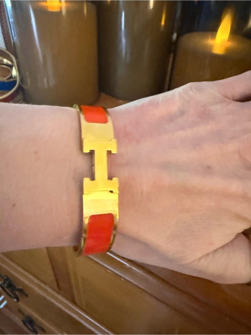 Gold Tone H-Closure Hinged Cliq Bangle with Bright Orange Enamel NEW - Picture 5 of 8